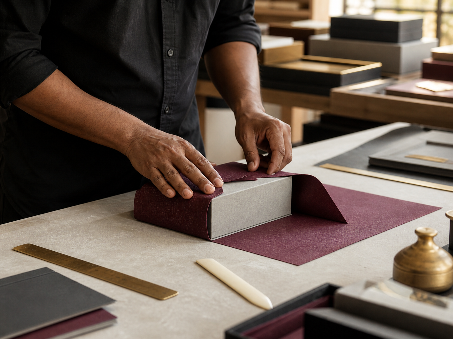 Rigid box production and hand-finishing workshop